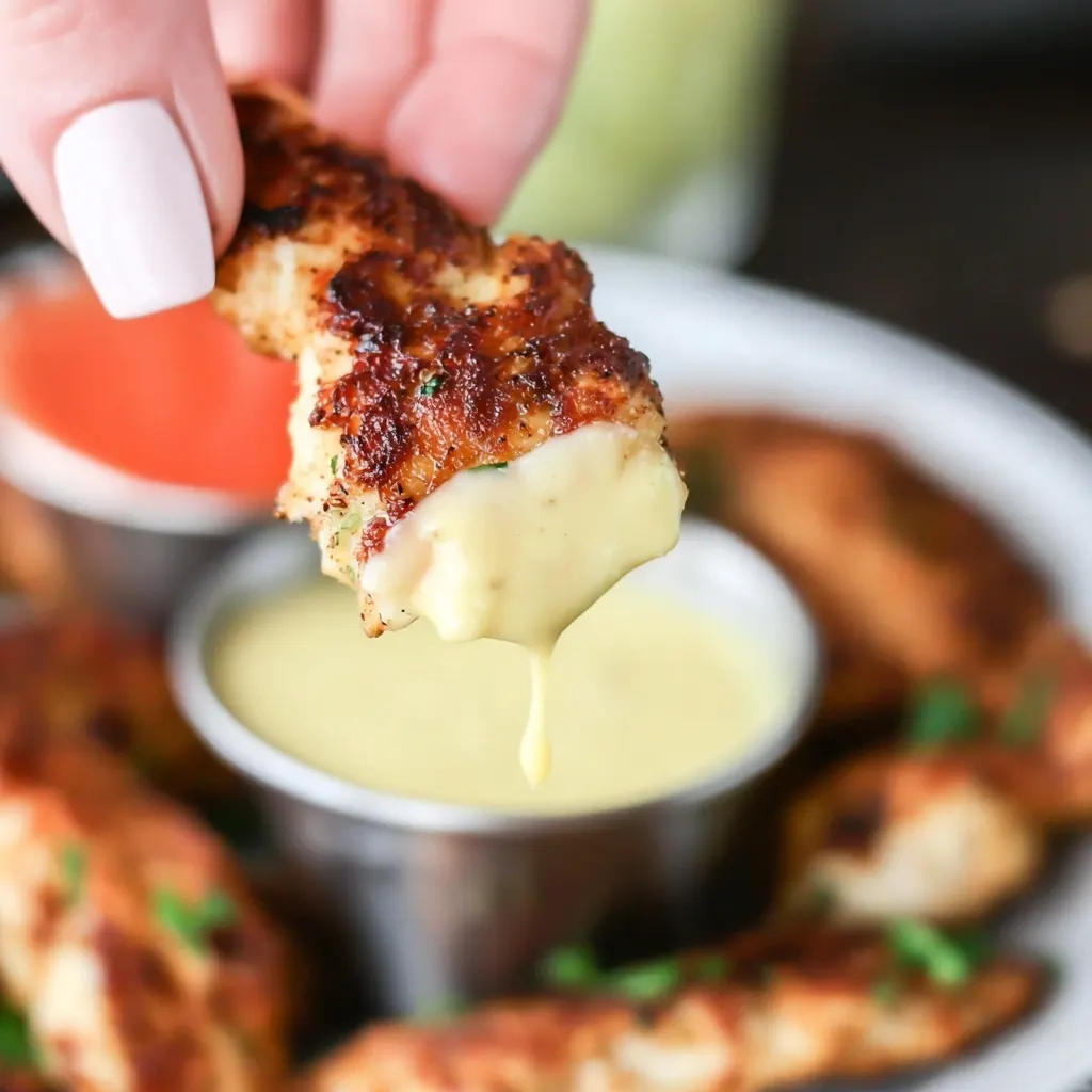 Close-up of a crispy air fryer chicken tender being dipped into creamy honey mustard sauce, held by hand.