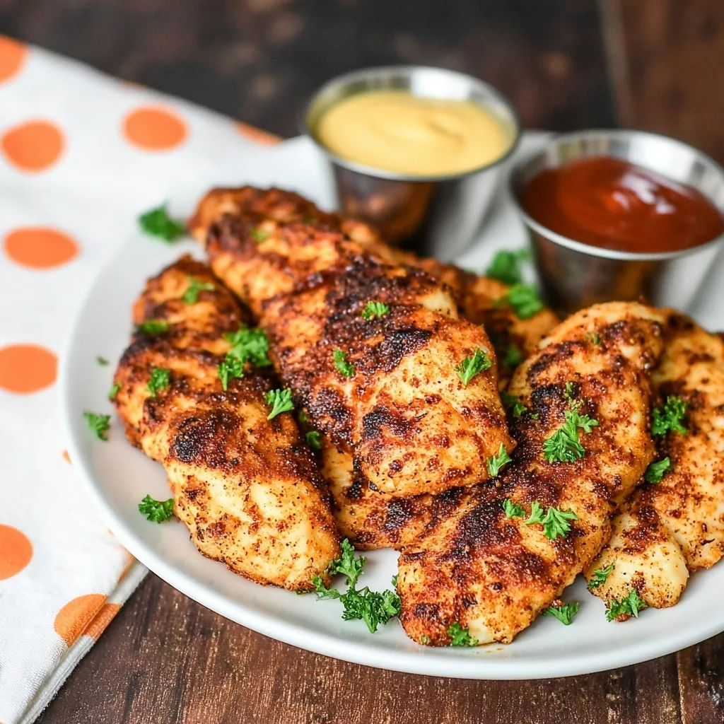 Spicy golden air fryer chicken tenders on a plate with fresh parsley, served with mustard and BBQ sauce.