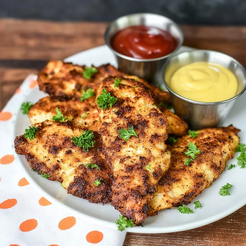 Crispy air fryer chicken tenders served with parsley garnish, ketchup, and honey mustard on a white plate.