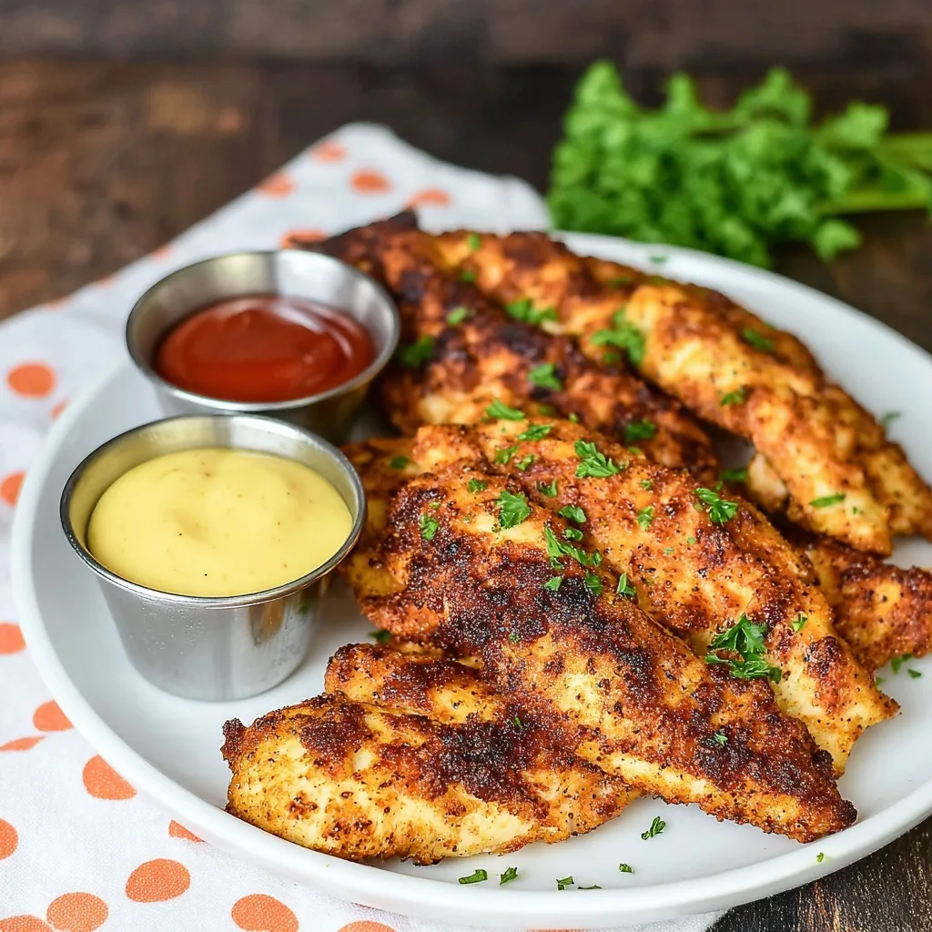 Crispy air fryer chicken tenders on a white plate garnished with parsley, served with ketchup and honey mustard in metal ramekins.