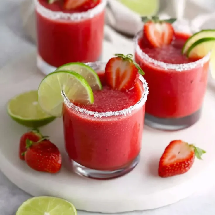 Three glasses of homemade strawberry margaritas with salted rims, garnished with fresh lime wheels and strawberries.