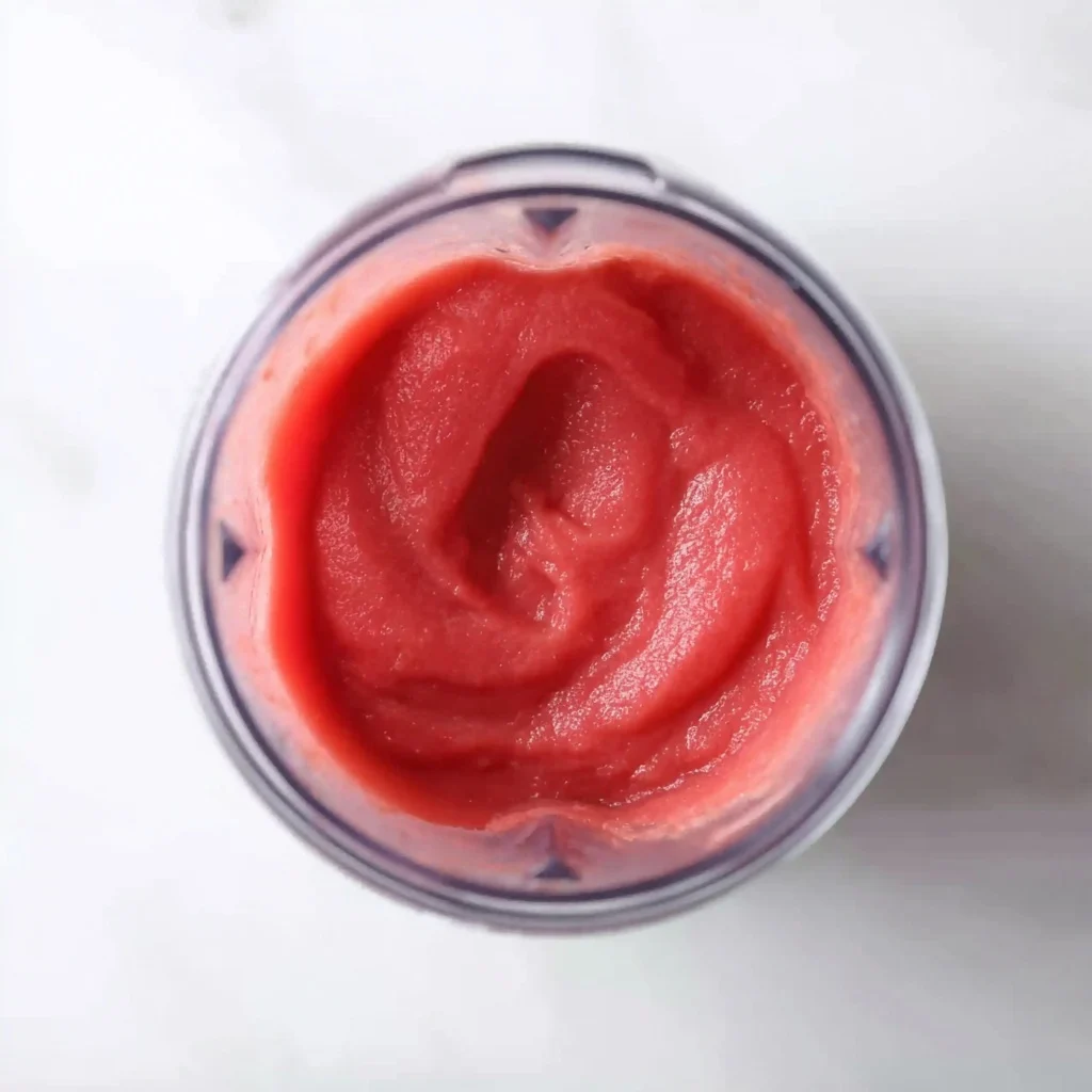 A top-down view into a blender showing a perfectly smooth and thick blended strawberry margarita mixture.