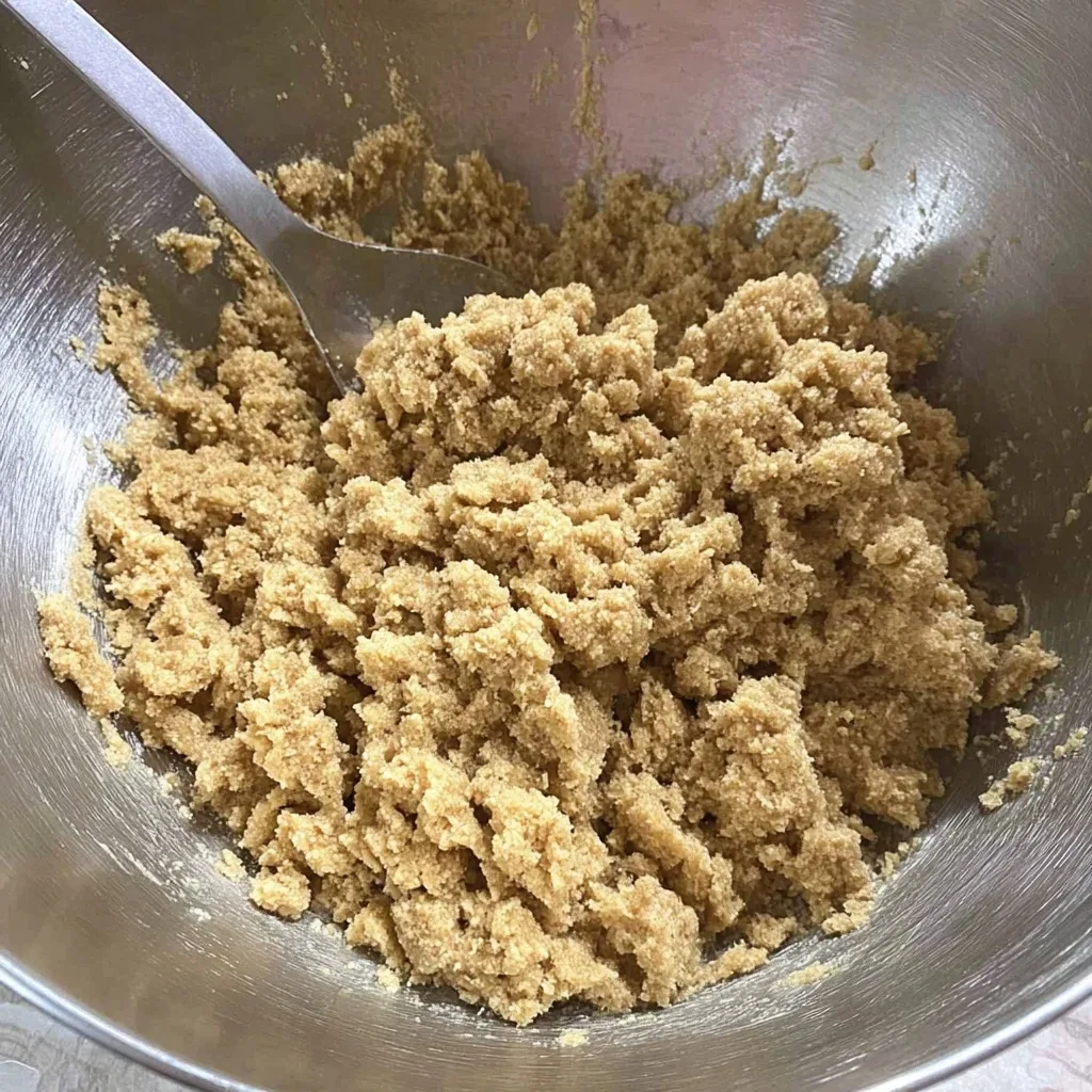 Crumbly biscuit base mixture in a mixing bowl, ready to be pressed into a baking tin for caramel slice