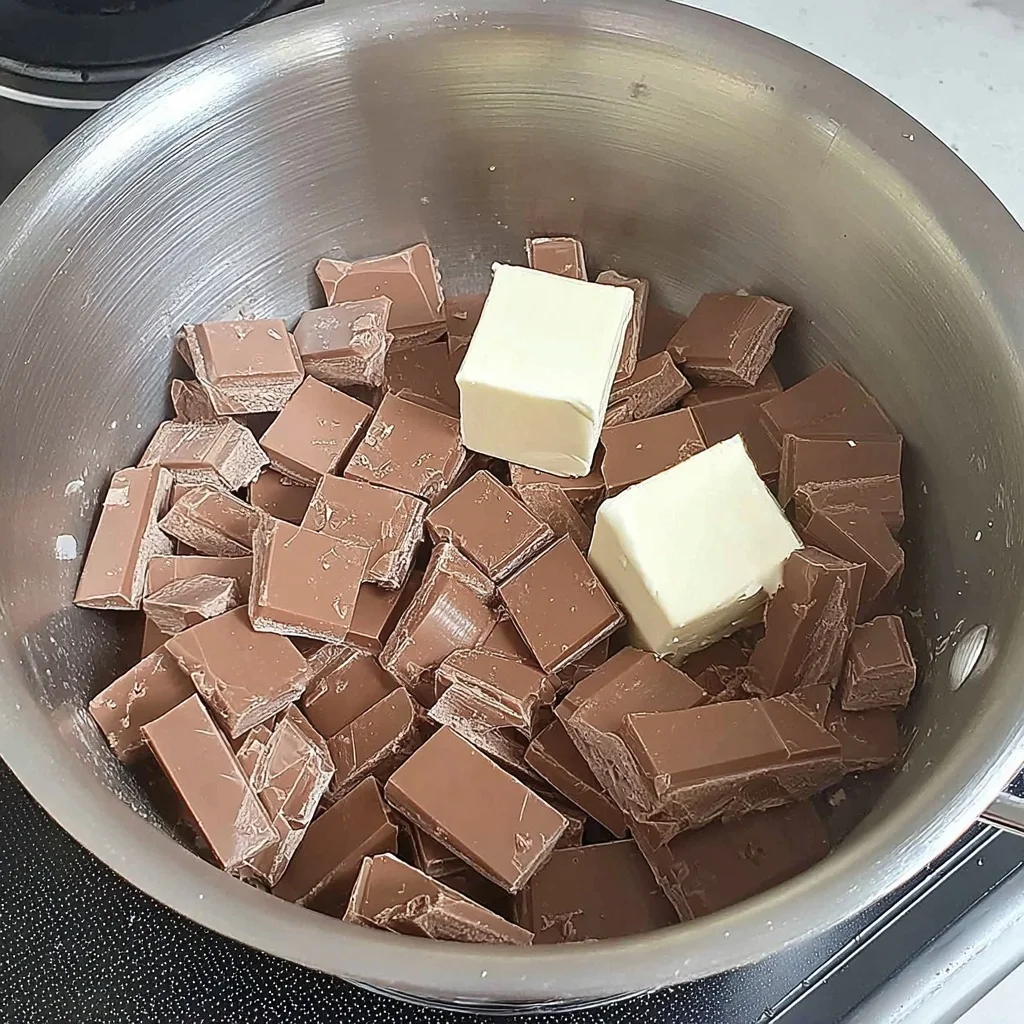 Chopped milk chocolate and cubes of butter in a saucepan ready to melt for caramel slice topping