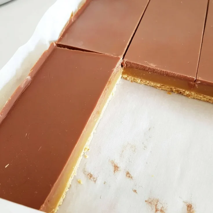 Neatly sliced caramel slice bars showing layers of chocolate, caramel, and biscuit base on parchment paper