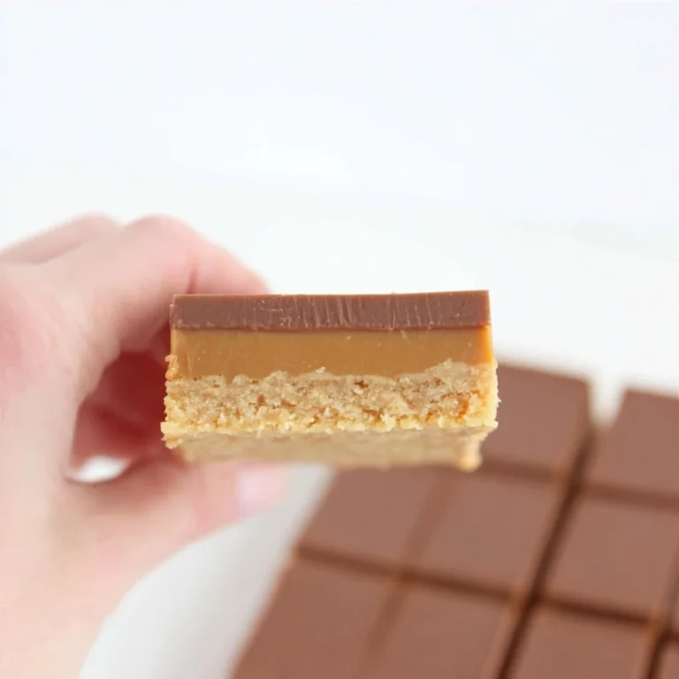 Close-up of a caramel slice showing its biscuit base, golden caramel layer, and chocolate topping