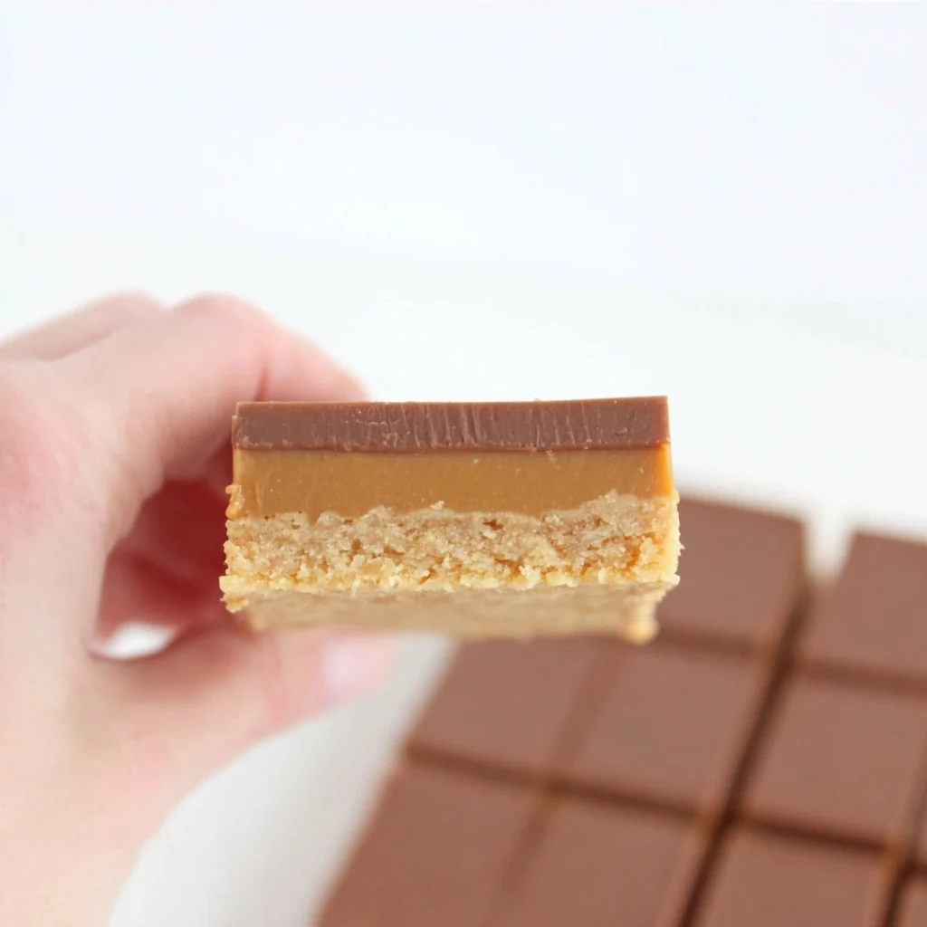 Close-up of a caramel slice showing its biscuit base, golden caramel layer, and chocolate topping