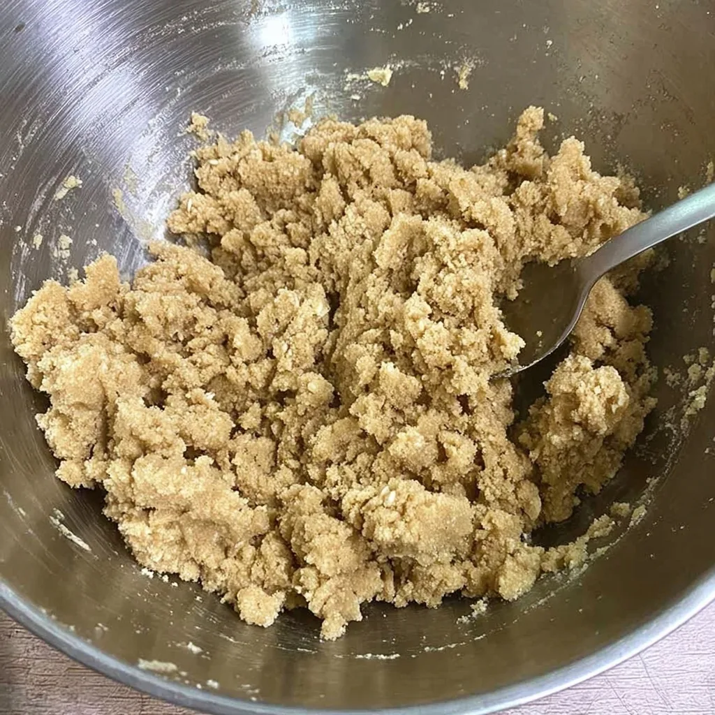 Crumbly biscuit mixture in a stainless steel mixing bowl with a spoon, ready to form the base of a caramel slice