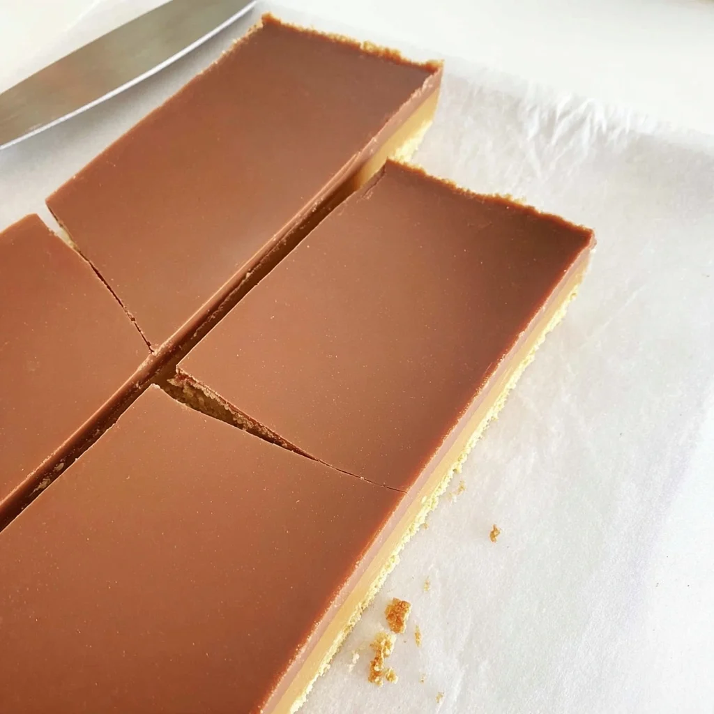 Caramel slice being sliced with a knife, showing clean cuts through chocolate, caramel, and biscuit layers