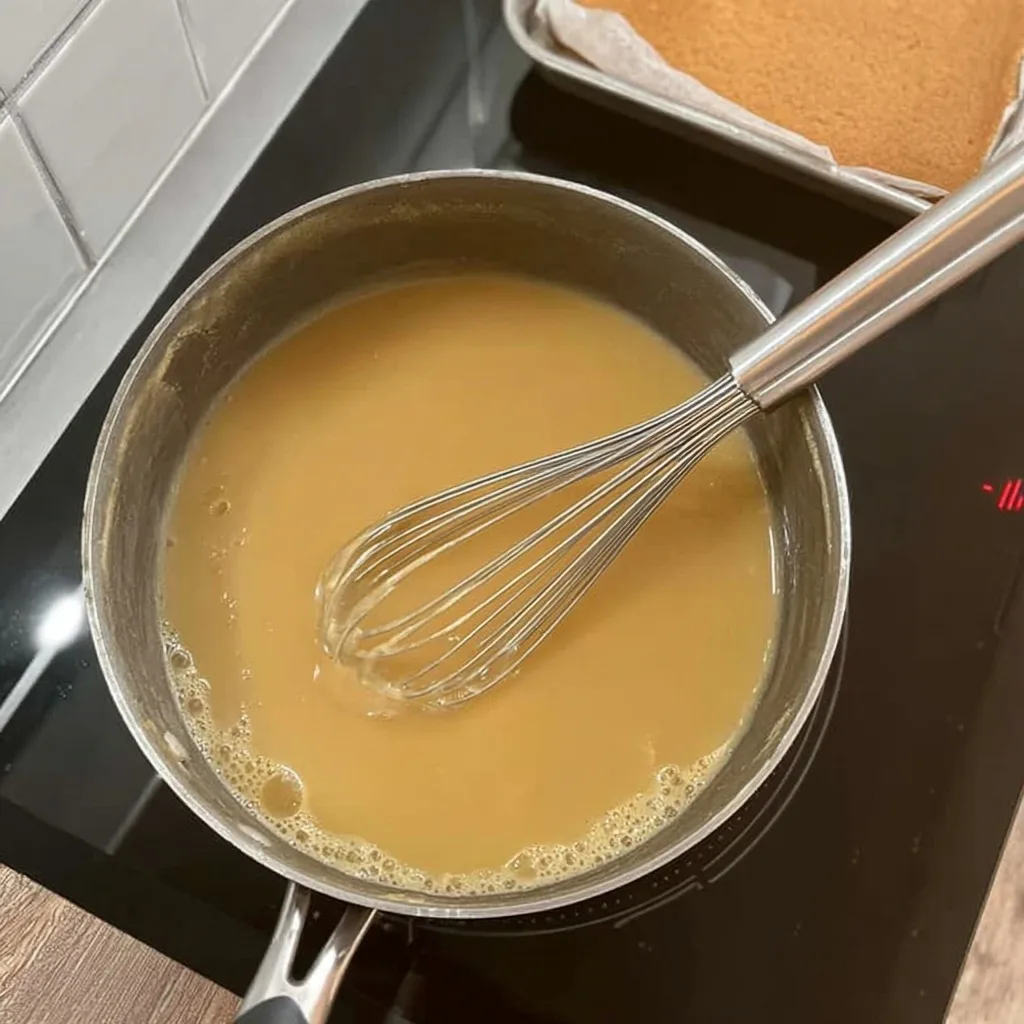 Whisk stirring golden caramel mixture in a saucepan on stovetop with biscuit base in background