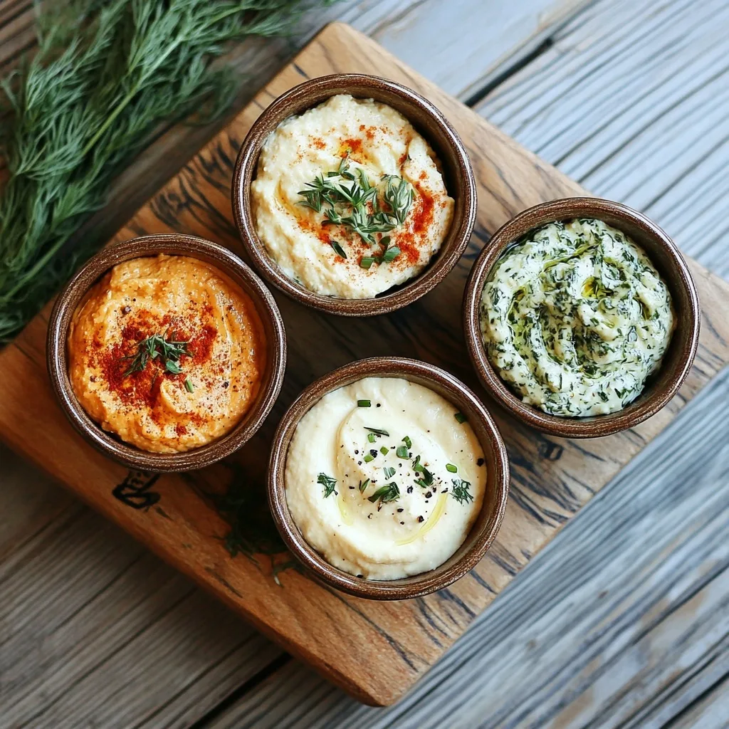 Top-down view of four bowls of cashew cheese with different flavors: paprika, herbs, garlic, and dill, served on a rustic wooden board