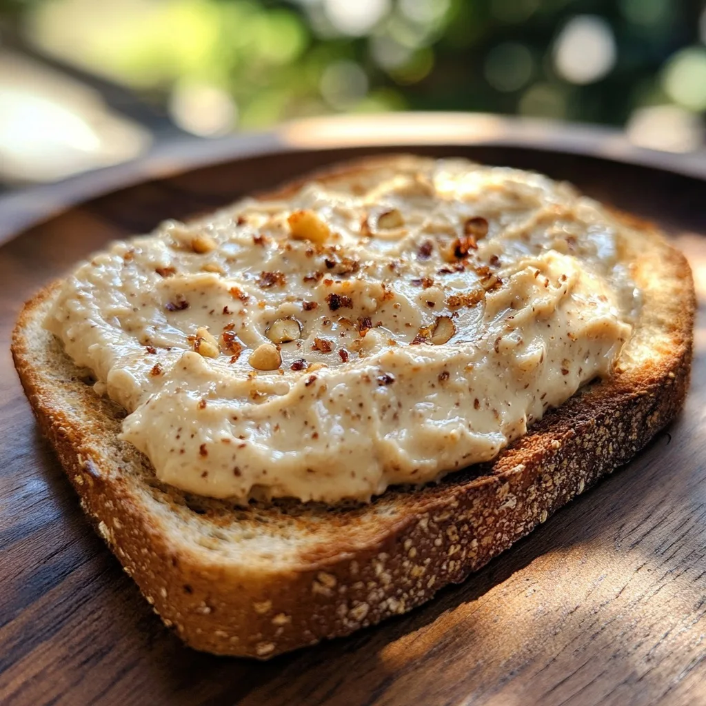 A slice of toasted whole grain bread topped with creamy cashew cheese and sprinkled with chili flakes and crushed nuts, served on a wooden plate
