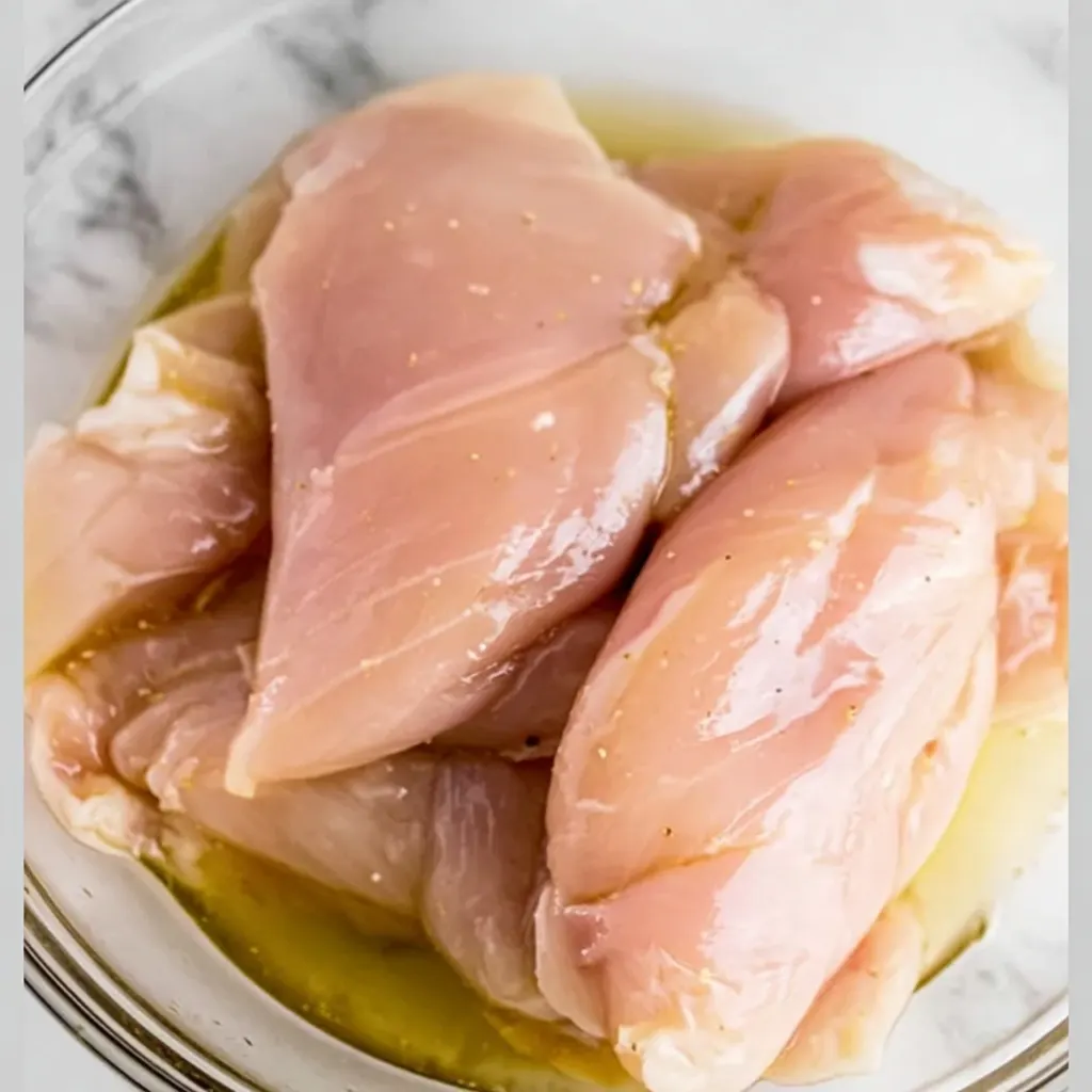 Raw chicken tenders soaking in a seasoned marinade inside a glass bowl, ready for air frying.