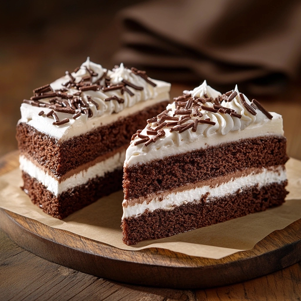 Two slices of Judy’s homemade chocolate cake topped with whipped cream and chocolate sprinkles, served on a wooden plate.