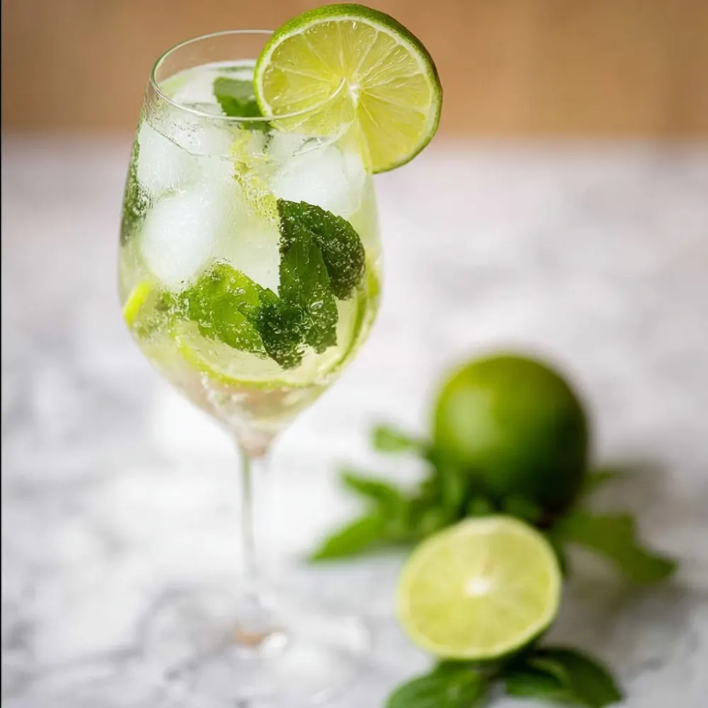 Classic Hugo Spritz cocktail in a tall wine glass filled with ice, fresh mint leaves, and lime slices, condensation on the glass, with whole and halved limes blurred in the background on a marble surface.