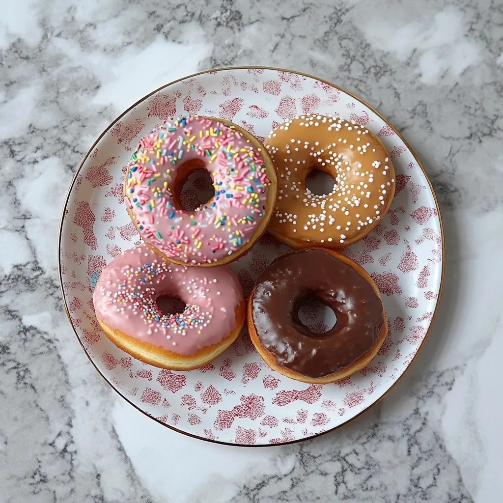 Top view of four glazed donuts on a decorative plate: pink with rainbow sprinkles, pink with nonpareils, caramel with white sprinkles, and chocolate glaze