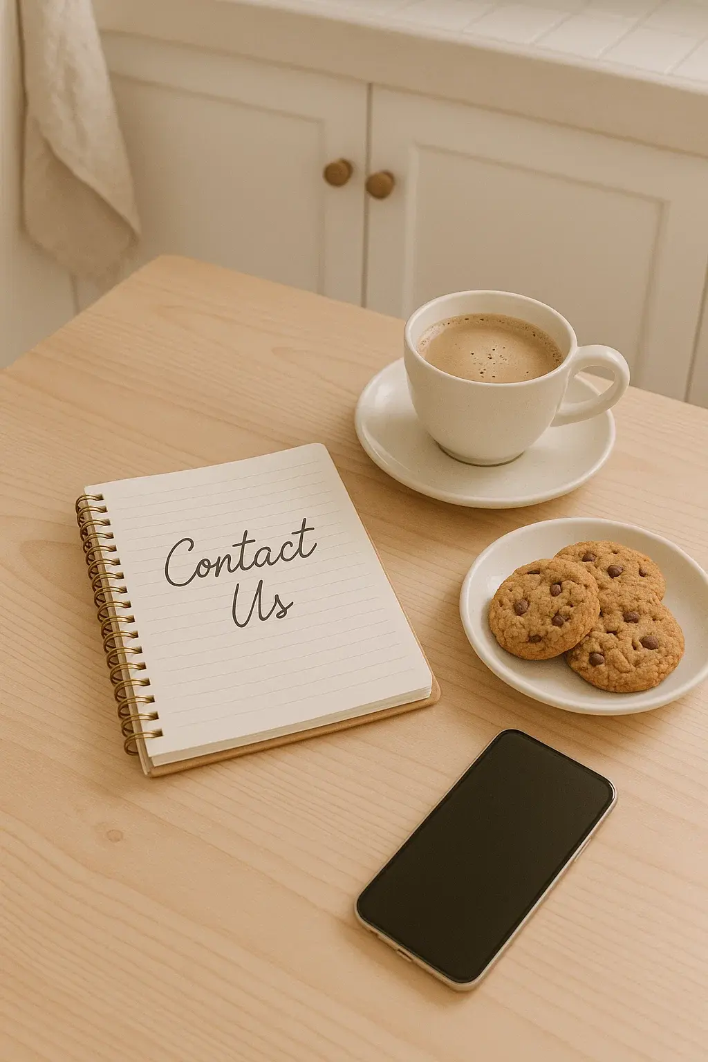 Contact us image with notebook, coffee cup, cookies, and smartphone on a cozy kitchen table