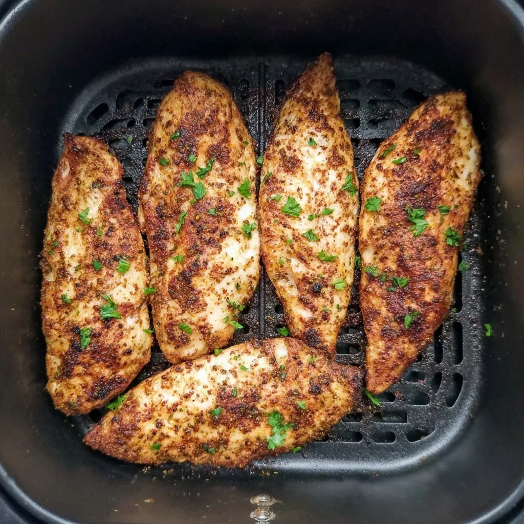 Crispy, golden-brown air fryer chicken tenders garnished with chopped parsley, freshly cooked in the fryer basket.