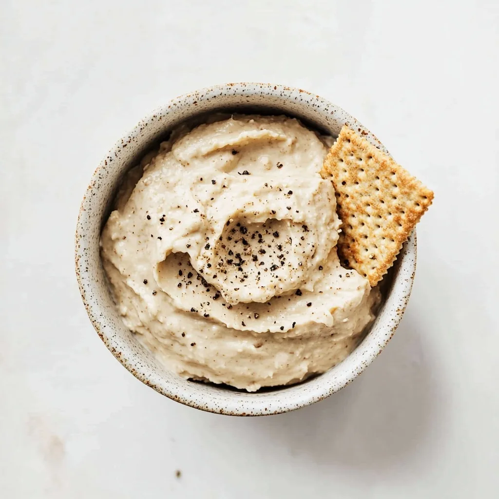 Bowl of creamy homemade cashew cheese topped with cracked black pepper and served with a crisp cracker