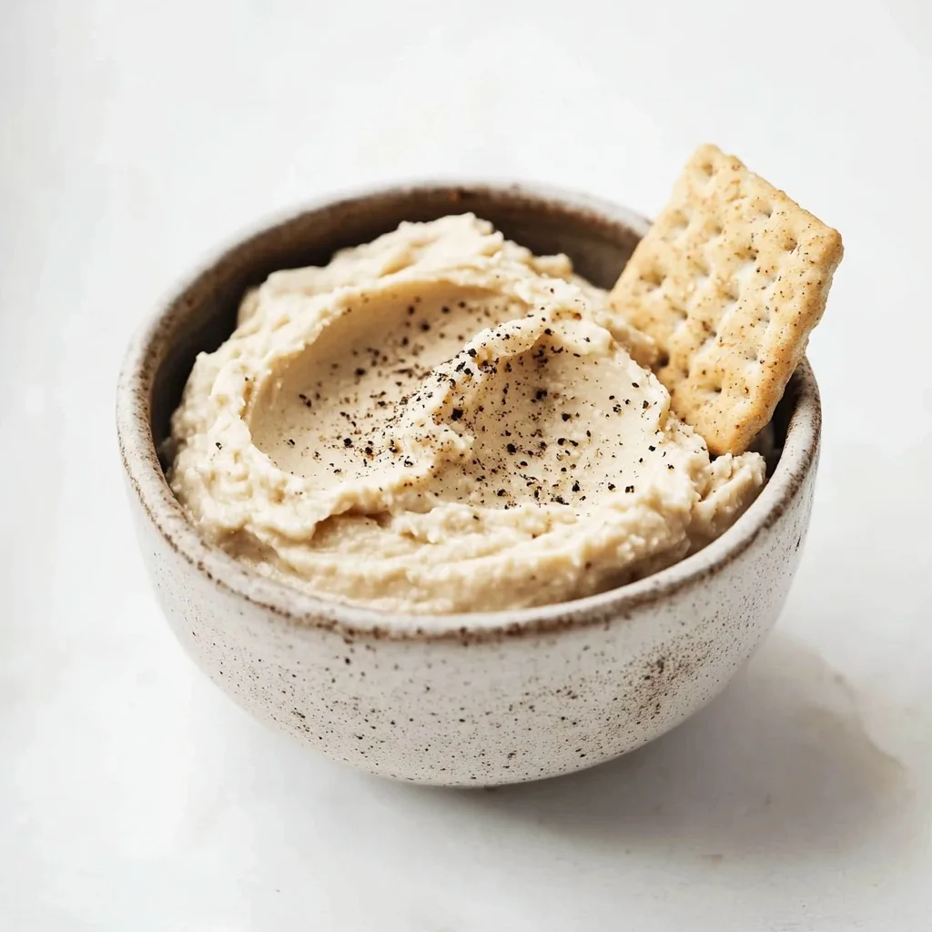 A rustic ceramic bowl filled with creamy cashew cheese, topped with cracked black pepper and served with a crisp cracker
