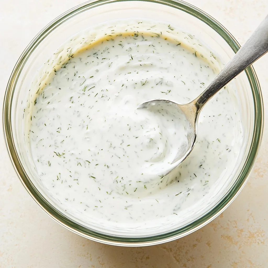 Creamy dairy free ranch dressing in a clear glass bowl with herbs