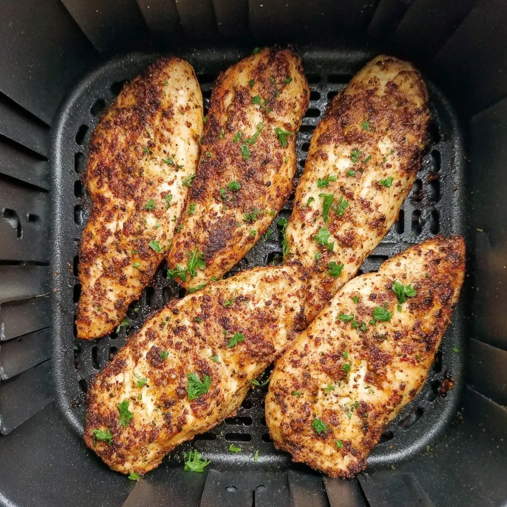 Fully cooked air fryer chicken tenders with a crispy golden crust and parsley garnish, resting inside the fryer basket.