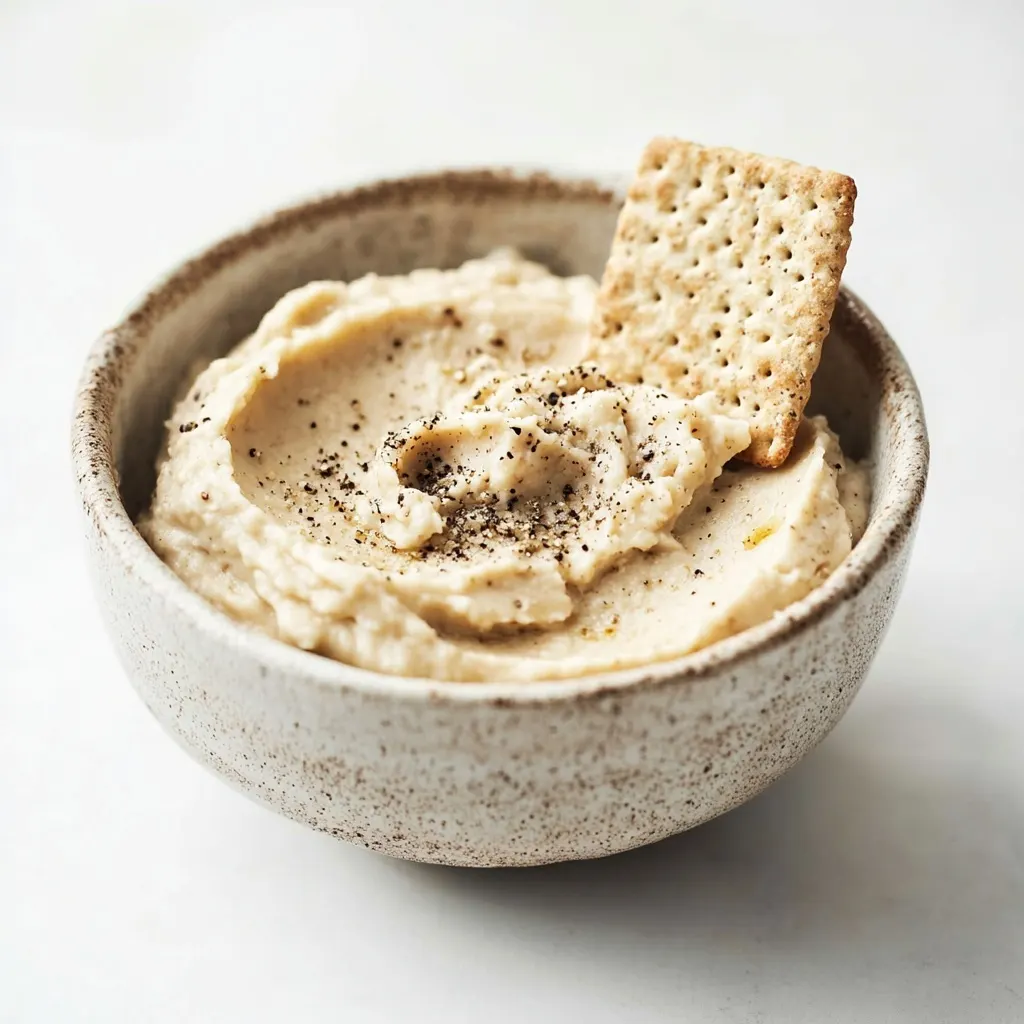 Side view of a rustic bowl filled with creamy cashew cheese topped with ground black pepper and served with a cracker