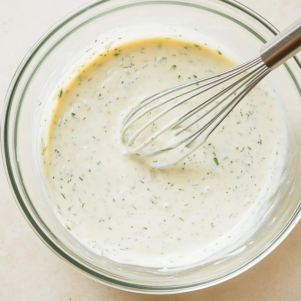 Whisking dairy-free ranch dressing to smooth consistency