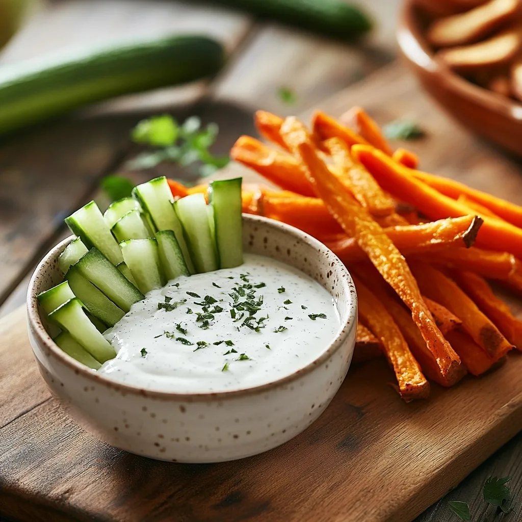 Bowl of dairy free ranch dip with cucumber sticks and sweet potato fries