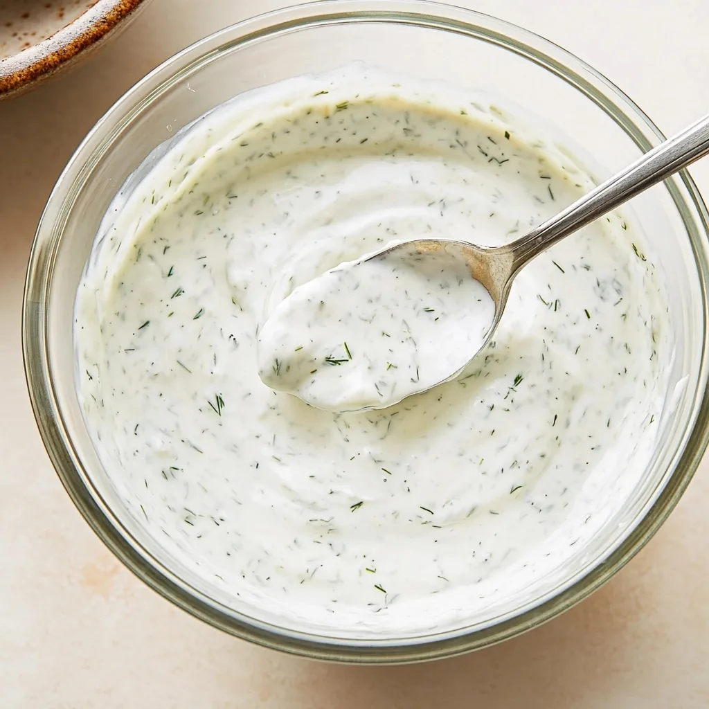 Bowl of creamy dairy-free ranch dressing with herbs and spoon