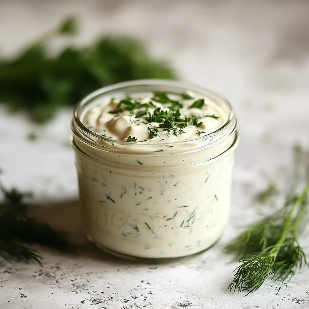 Jar of creamy dairy-free ranch dressing topped with fresh herbs
