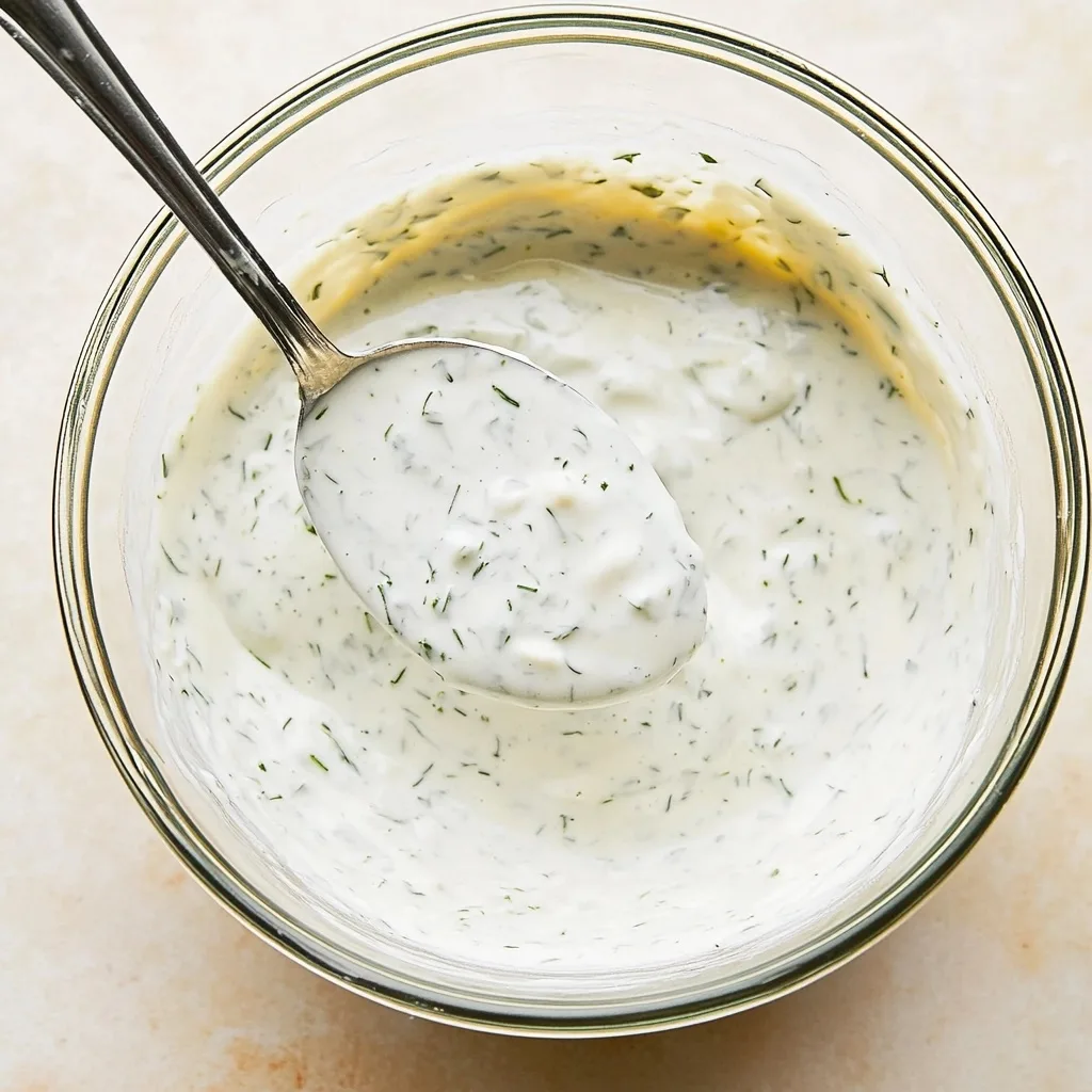 Spoon scooping thick dairy free ranch dressing from a glass bowl
