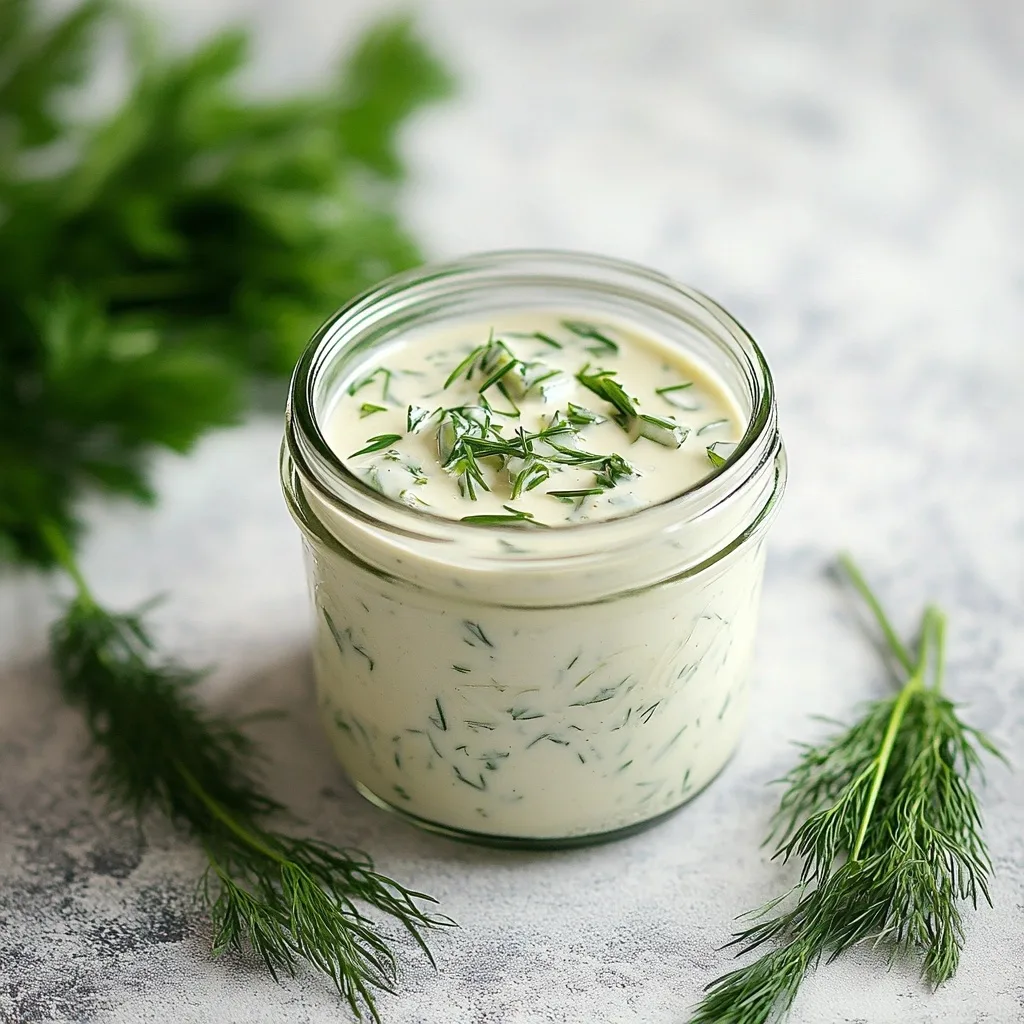 Creamy dairy-free ranch dressing garnished with dill and parsley