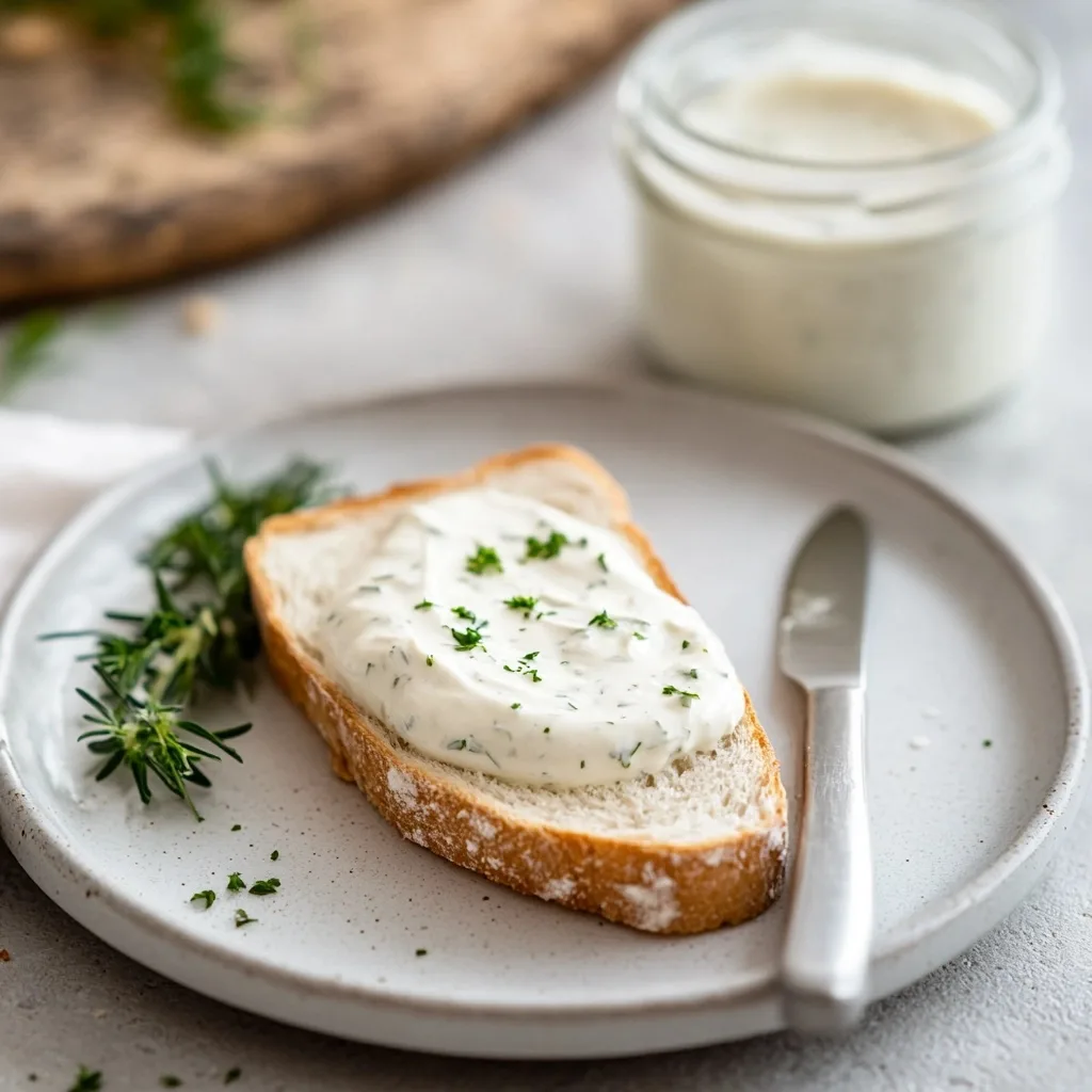 Slice of bread with dairy-free ranch dressing spread on top and fresh herbs