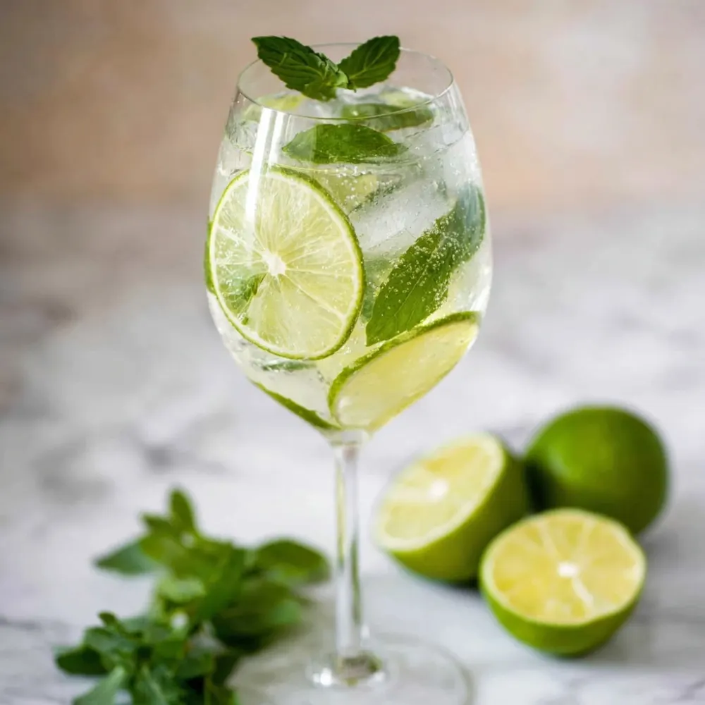 Fresh Hugo Spritz cocktail in a tall wine glass filled with ice, fresh mint leaves, and lime slices, condensation on the glass, with whole and halved limes and mint sprigs on a marble surface.