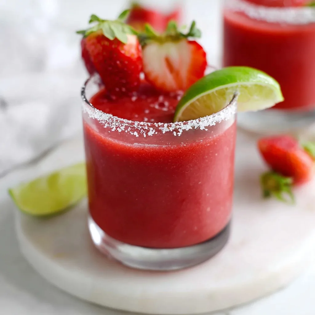 A glass of frozen strawberry margarita with a salted rim, garnished with a fresh lime wedge and whole strawberries.