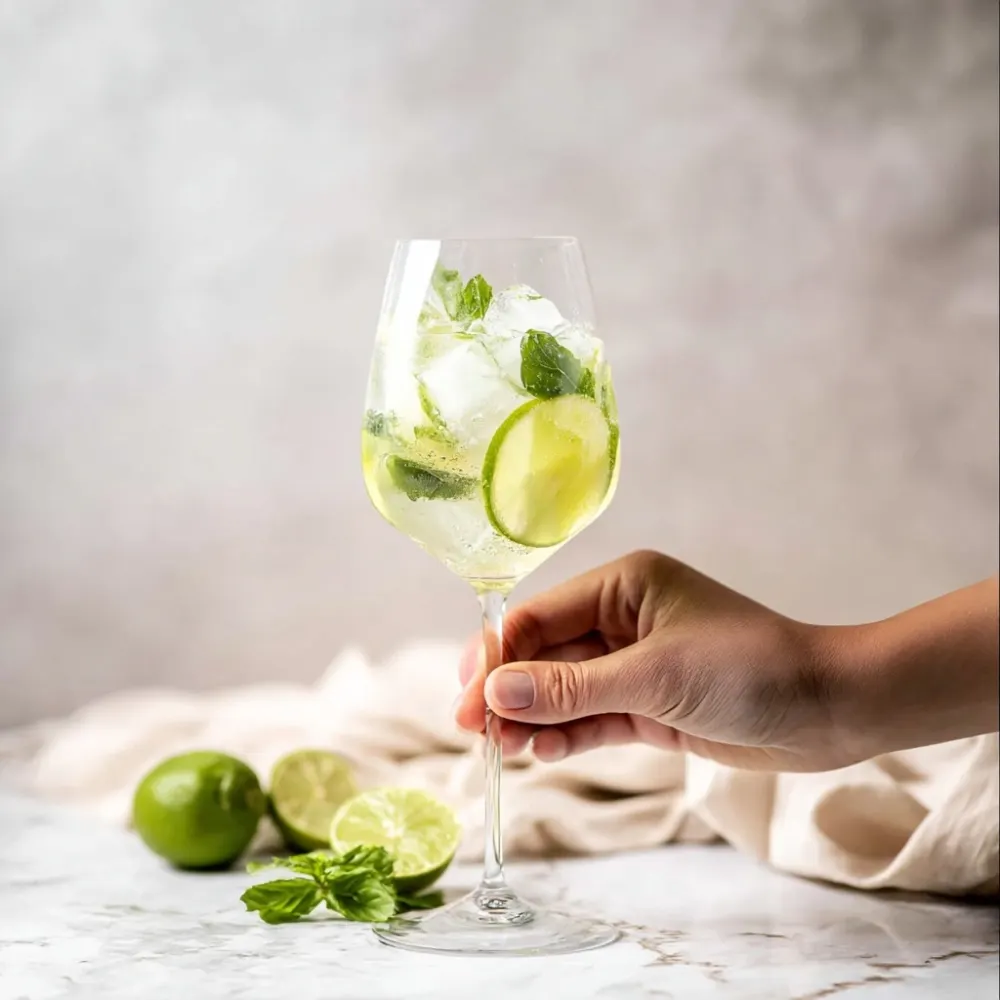 Hand holding a Hugo Spritz cocktail in a large wine glass filled with ice, fresh mint leaves, and lime slices, with whole and halved limes and mint leaves blurred on a marble countertop.