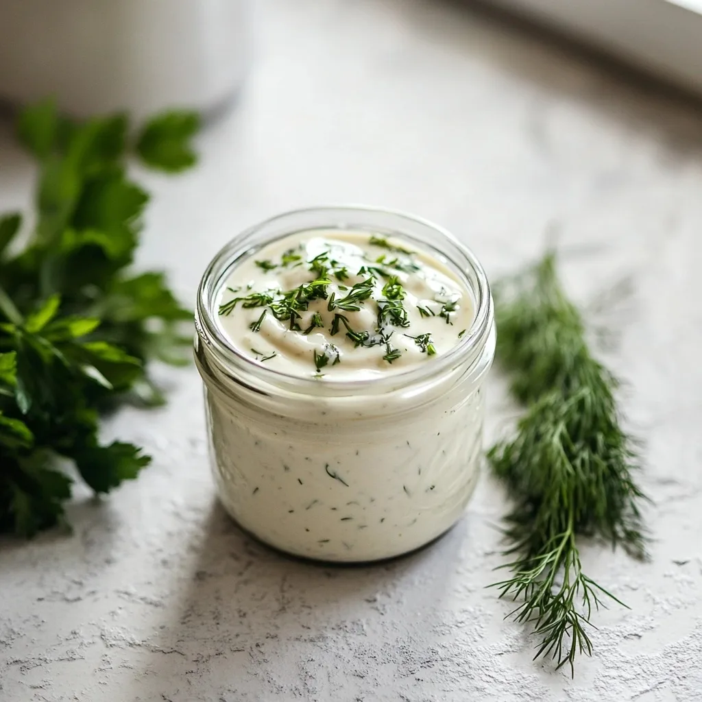 Homemade dairy-free ranch dressing in a small glass jar with fresh dill