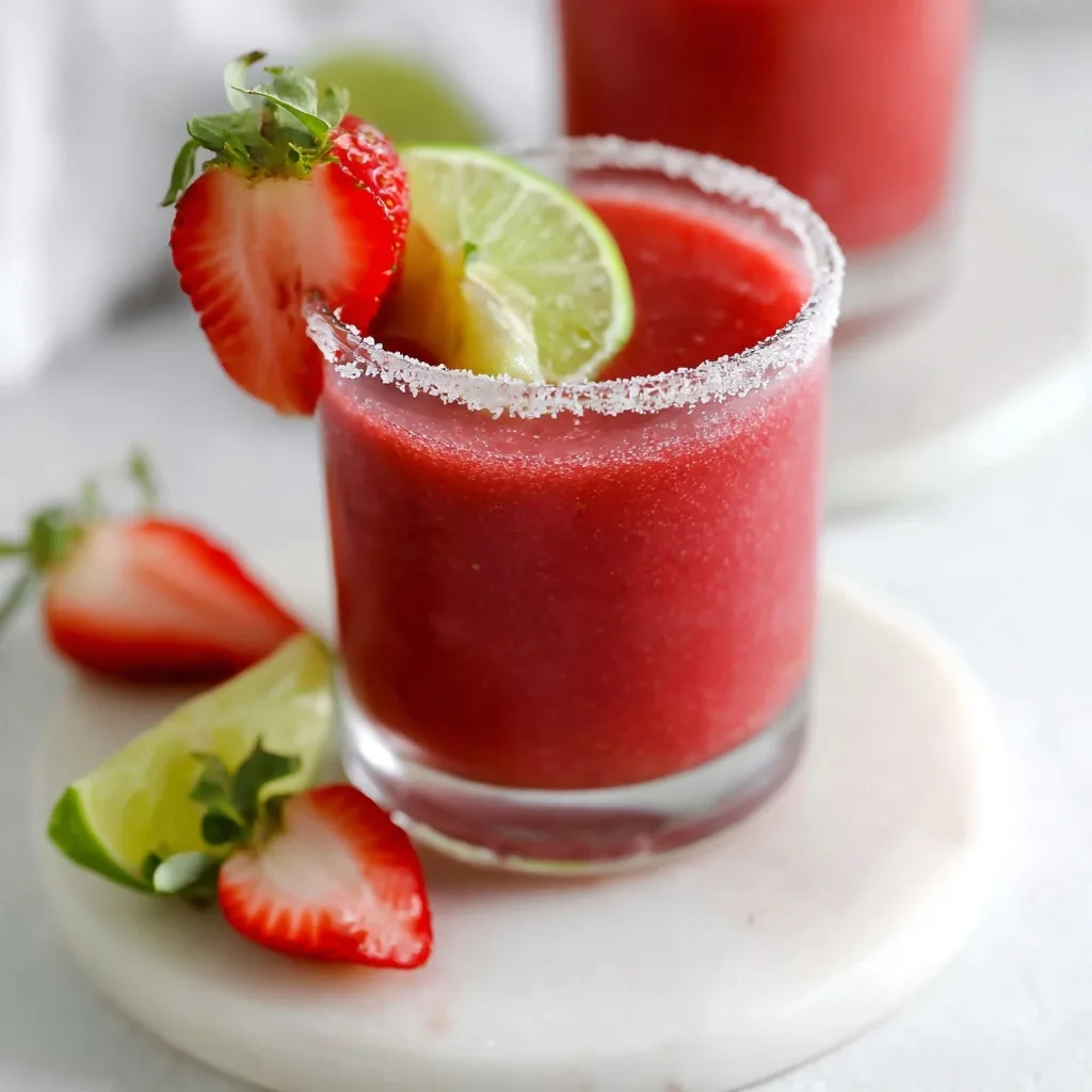 A homemade strawberry margarita in a salt-rimmed glass, garnished with a fresh lime wheel and a sliced strawberry.