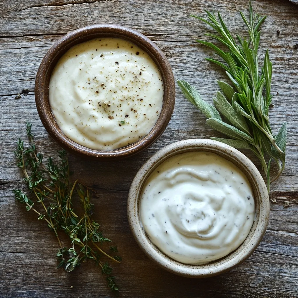 Two small bowls of ranch dressing side by side with herbs on a rustic wooden surface