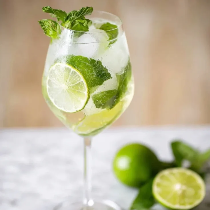 Close-up of a Hugo Spritz Recipe cocktail in a large wine glass with ice cubes, fresh mint leaves, and lime slices, placed on a light marble surface with whole and halved limes blurred in the background.