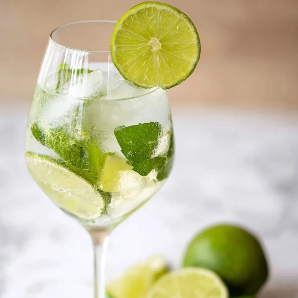 Close-up of a Hugo Spritz cocktail in a large wine glass with ice, fresh mint leaves, and a lime wheel garnish on the rim, with whole and sliced limes blurred in the background on a light marble surface.