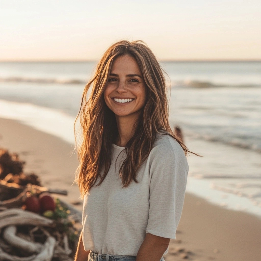 Candid portrait of Judy smiling with the ocean in the background, captured at sunset.