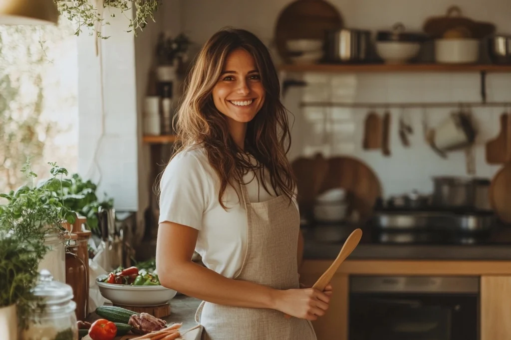 Judy wearing an apron and smiling in her cozy kitchen, surrounded by fresh vegetables and cooking tools.