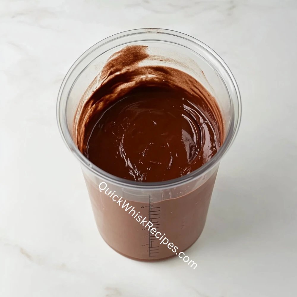 Thick blended chocolate tofu pudding in a transparent measuring cup placed on a white surface.