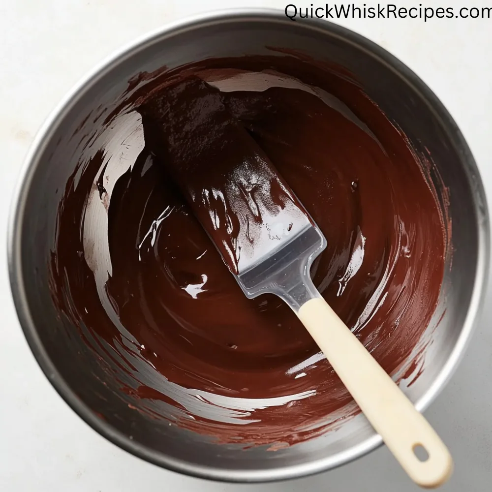 Top view of a stainless steel bowl filled with melted chocolate and a white-handled spatula resting inside.