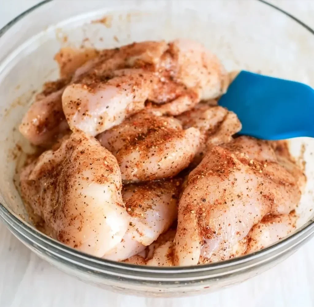 Raw chicken tenders coated with spices in a glass bowl being mixed with a blue spatula for air frying.
