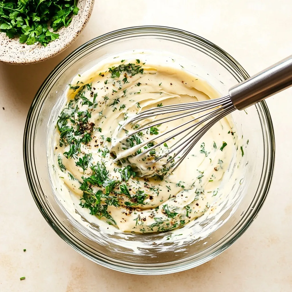 Bowl of creamy dairy-free ranch dressing with herbs and spoon