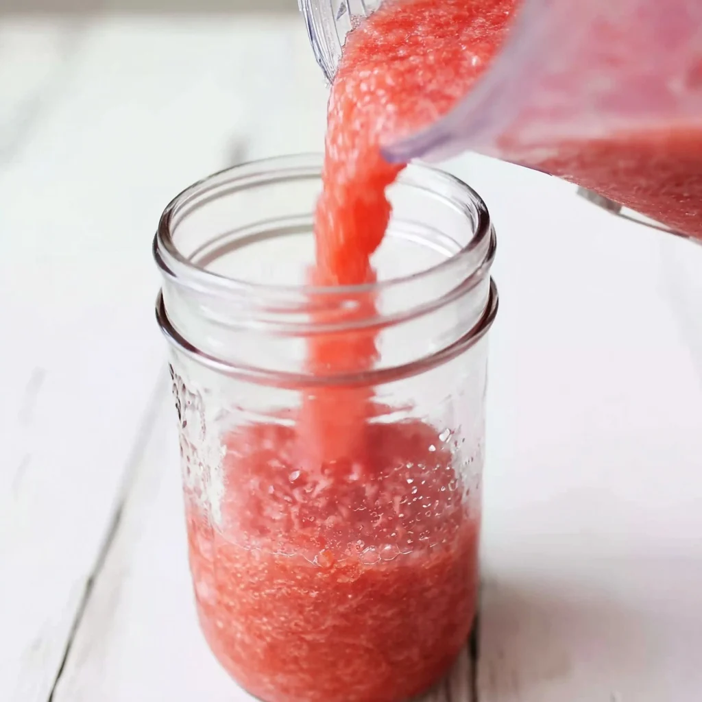 Pouring a vibrant red, freshly blended strawberry margarita mixture from a blender pitcher into a glass.