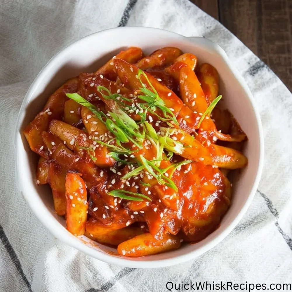 Close-up of Tteokbokki Recipe with spicy red sauce, sesame seeds, and green onion slices.
